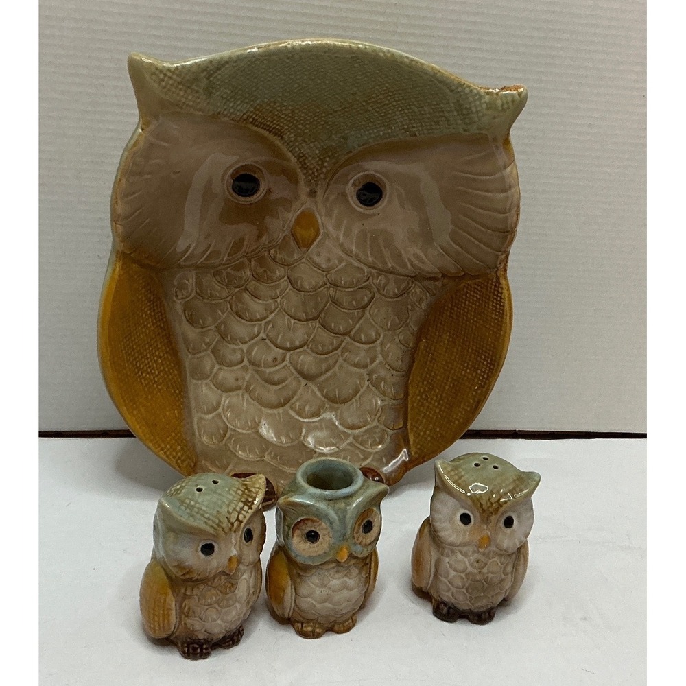 Vintage Owl Serving Bowl Salt Pepper Shaker Toothpick‎ Holder Set Brown Green